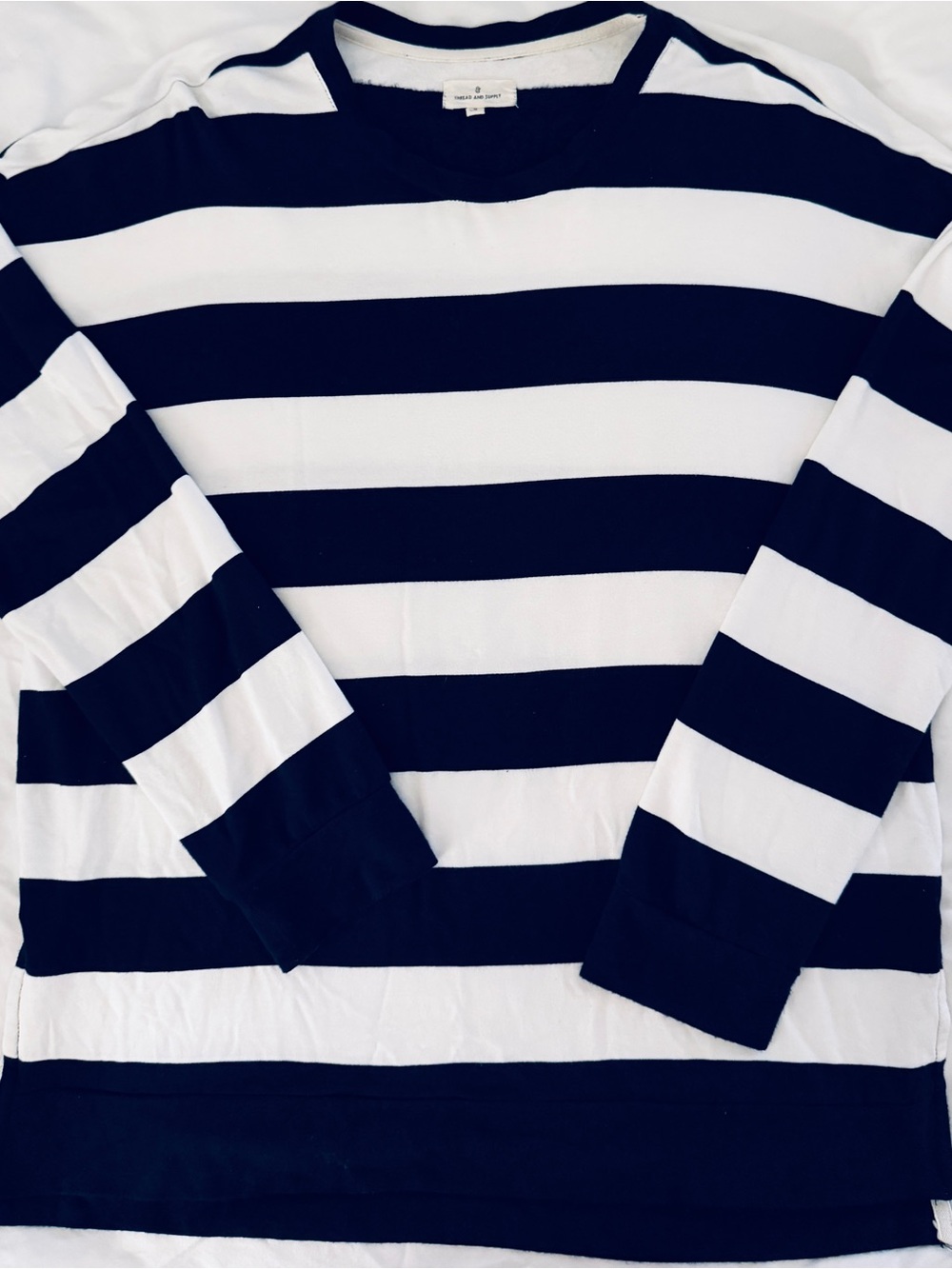 Thread & Supply Navy and White Striped Crewneck Sweater